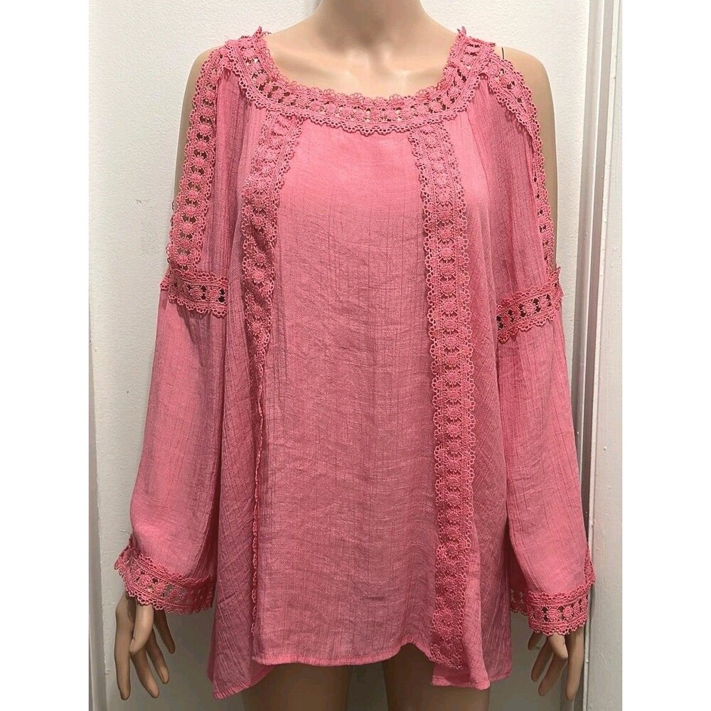 Boho Cold Shoulder Lace Blouse Women Large Pink Flowy Romantic Top
